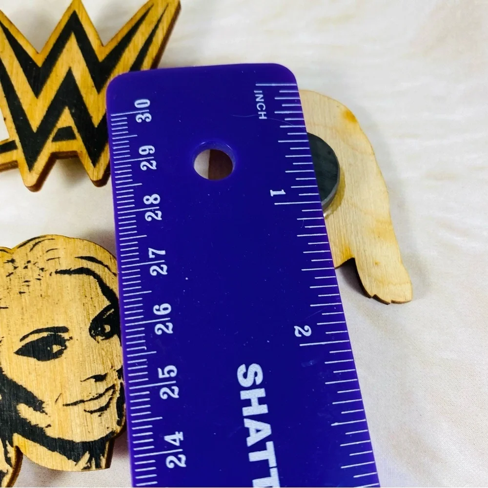 RARE Laser cut wood WWE Superstar lapel pins Alexa Bliss Seth Rollins WWE Logo